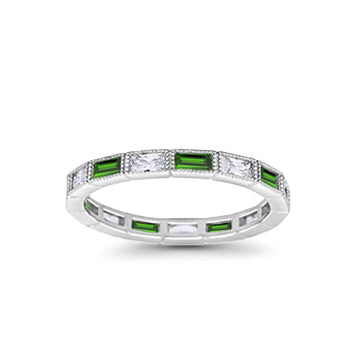 Art Deco Baguette Full Eternity Wedding Band Simulated Green Emerald CZ 925 Sterling Silver